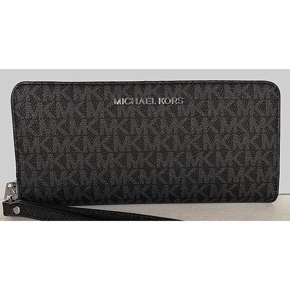 New Michael Kors Jet Set Large Travel Continental wallet PVC Black with Silver - Picture 1 of 7